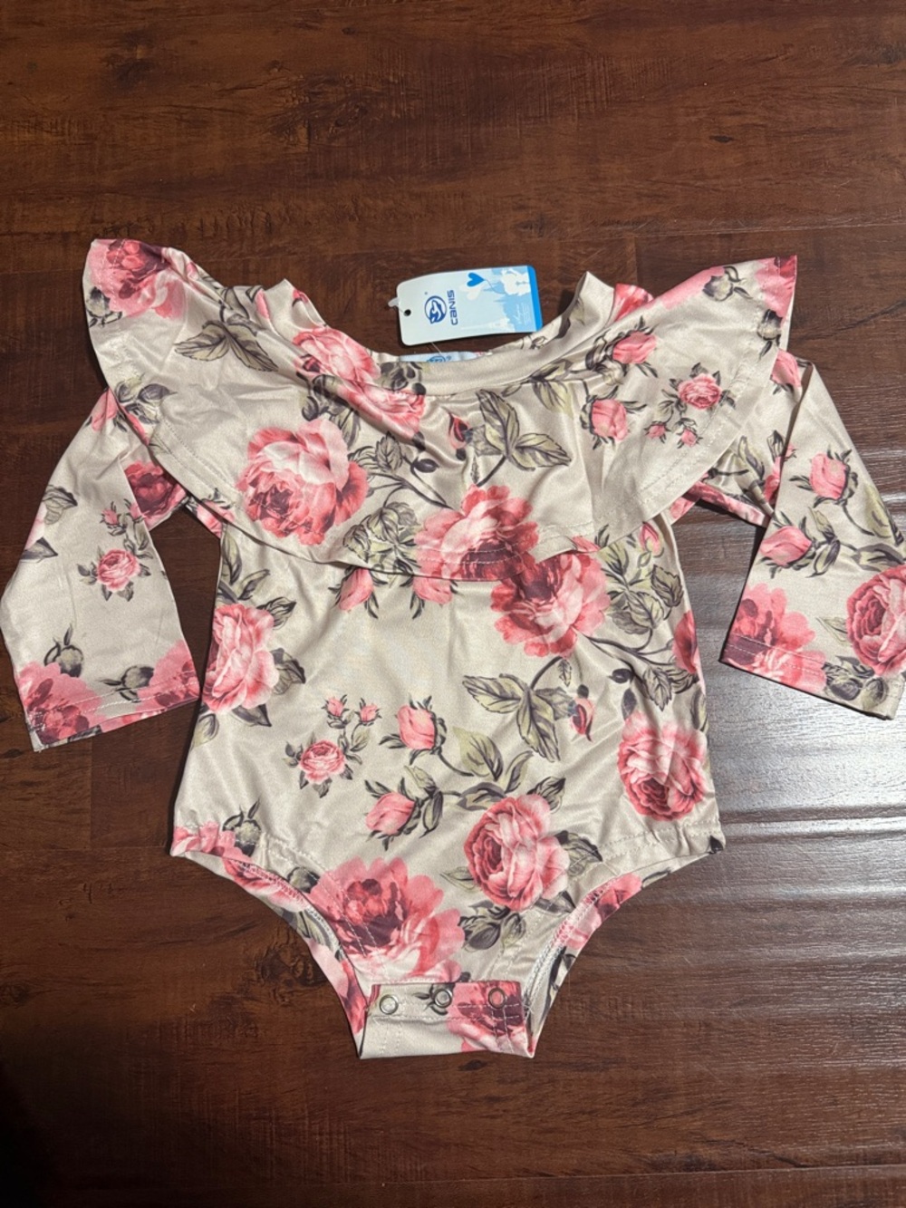 canis - Long-Sleeve Floral Ruffle One-Piece Bodysuit - Beige with Pink Rose